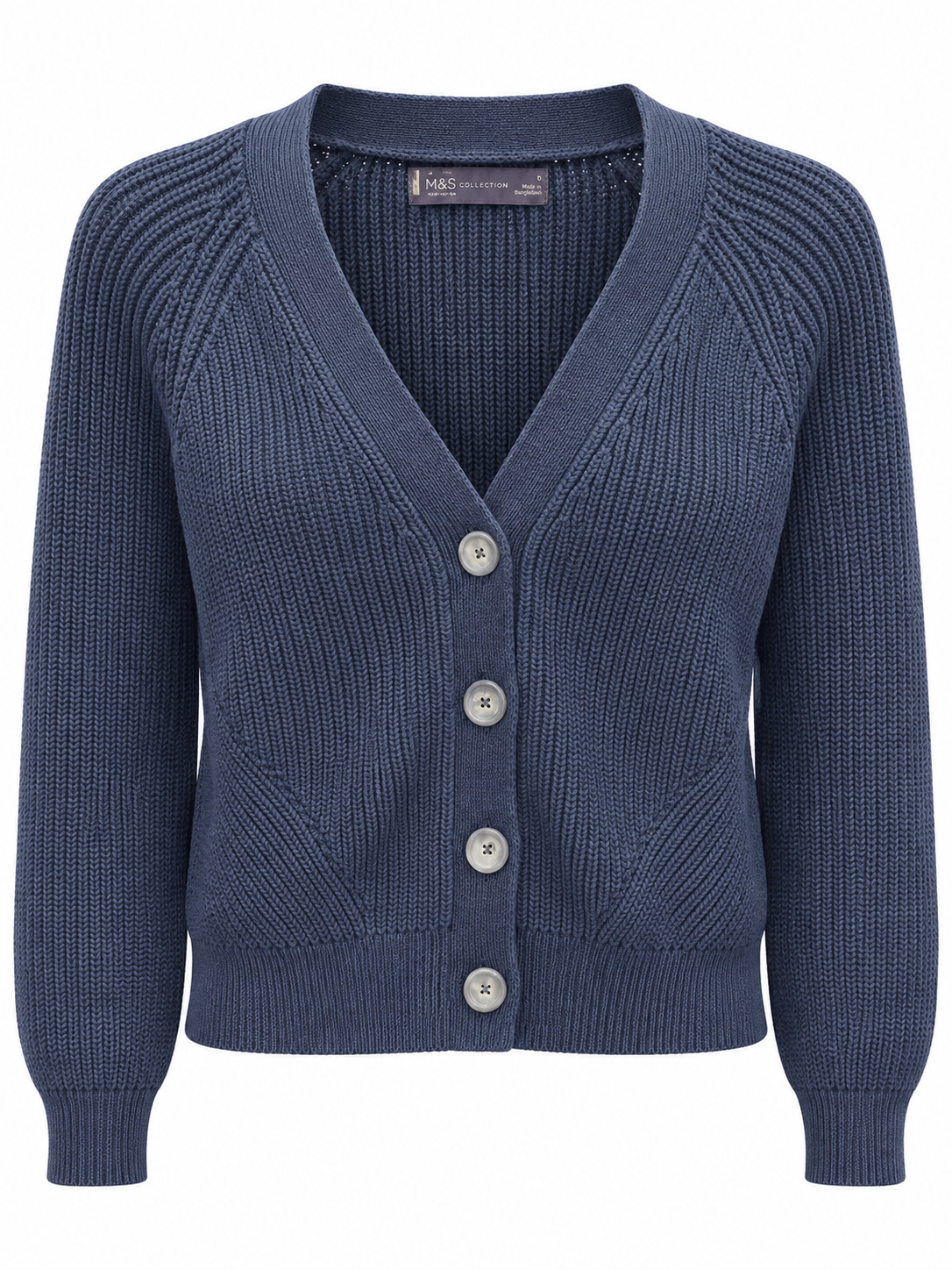 Ex M&S Women's Textured Knit V-Neck Button Cardigan – Navy