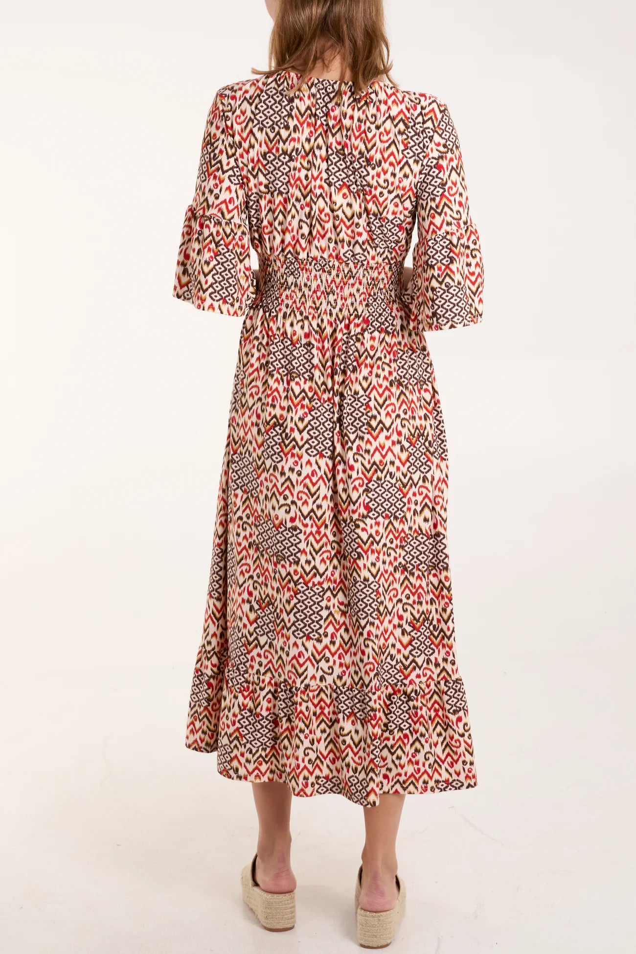 Aztec Print V-Neck Shirred Midi Dress in Red