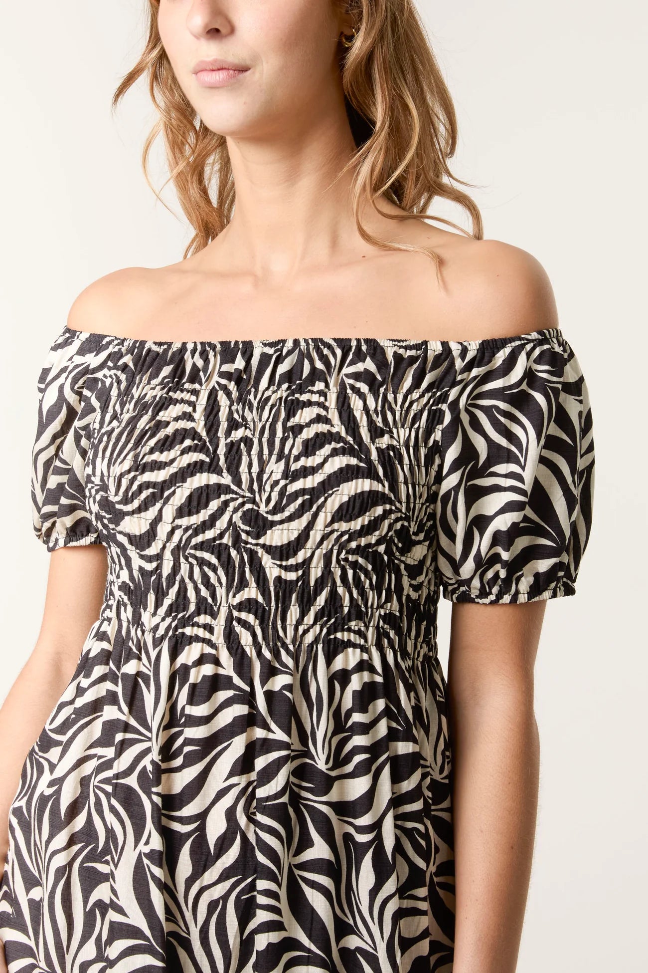 Leaf Print Bardot Shirred Dress in Black