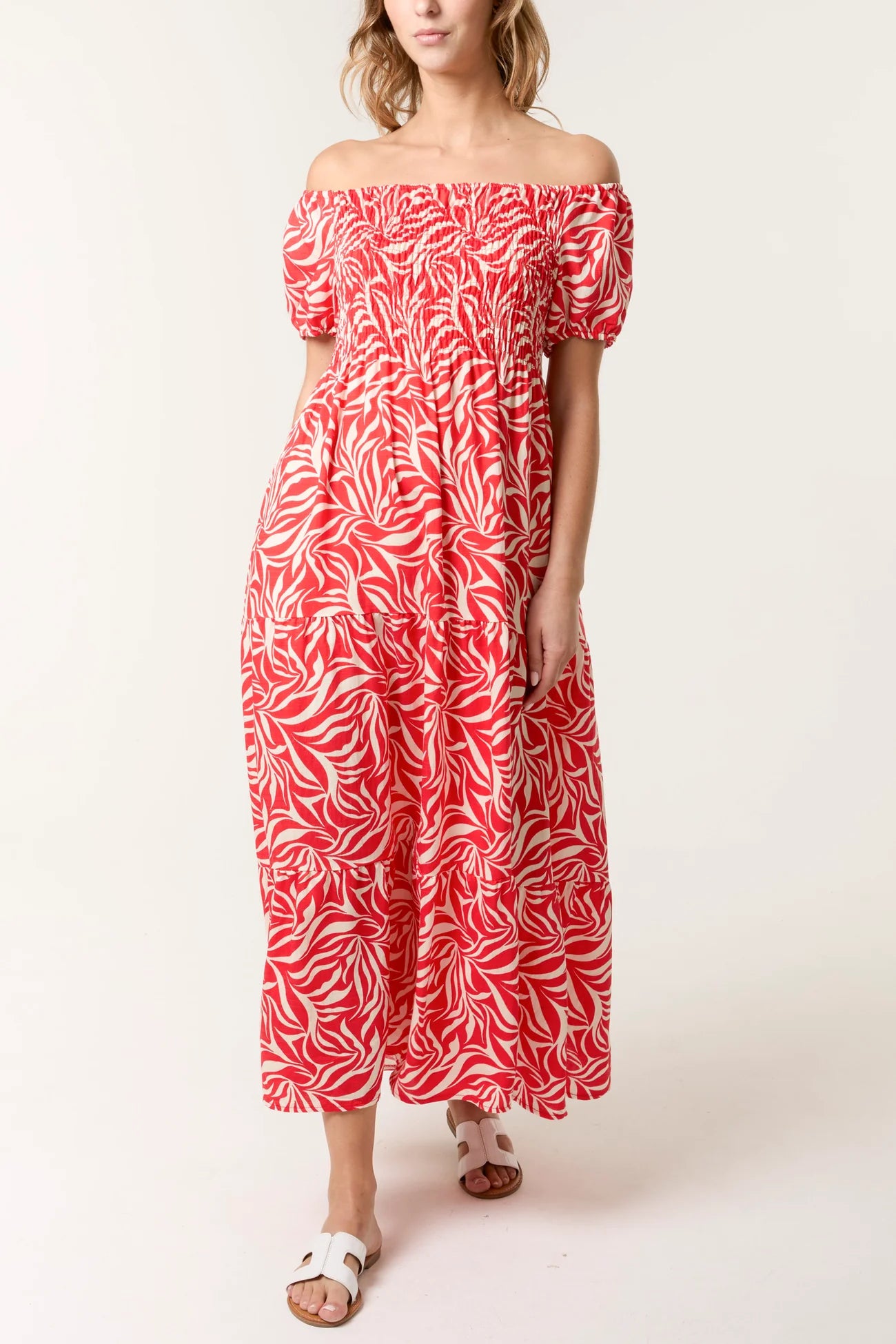 Leaf Print Bardot Shirred Dress in Red