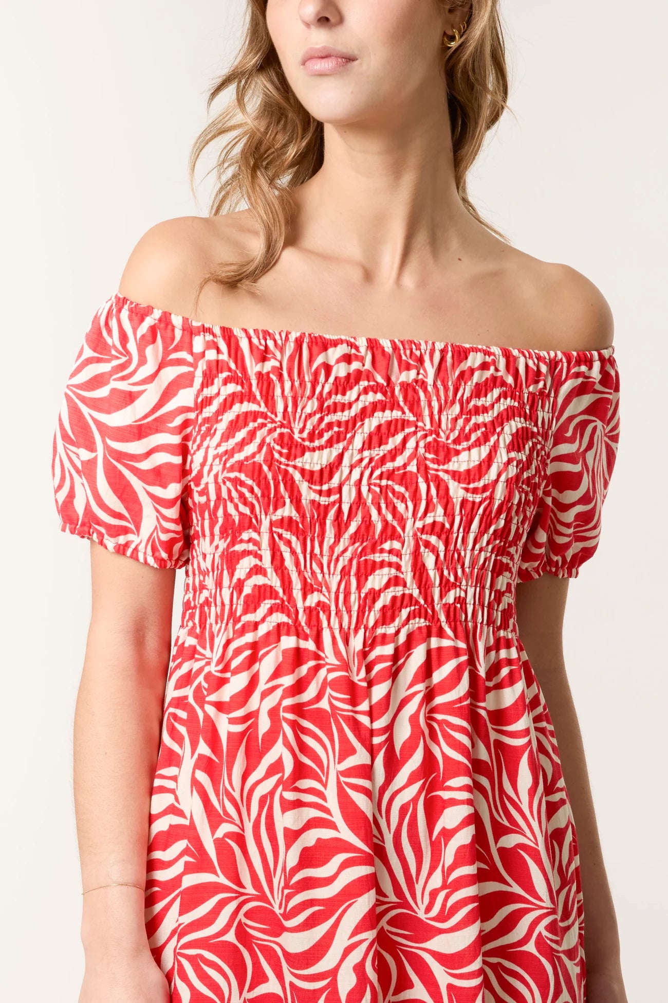 Leaf Print Bardot Shirred Dress in Red