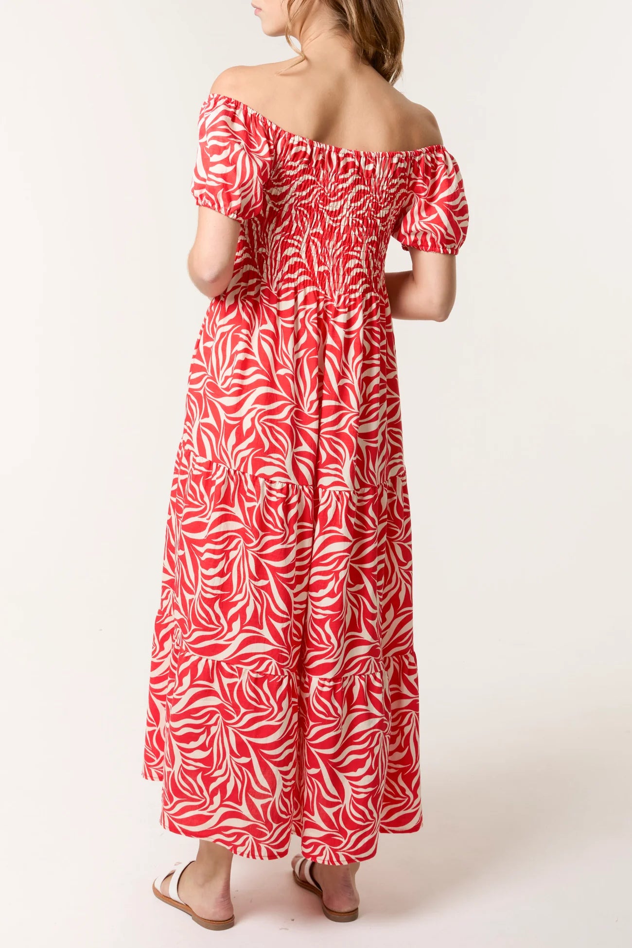 Leaf Print Bardot Shirred Dress in Red