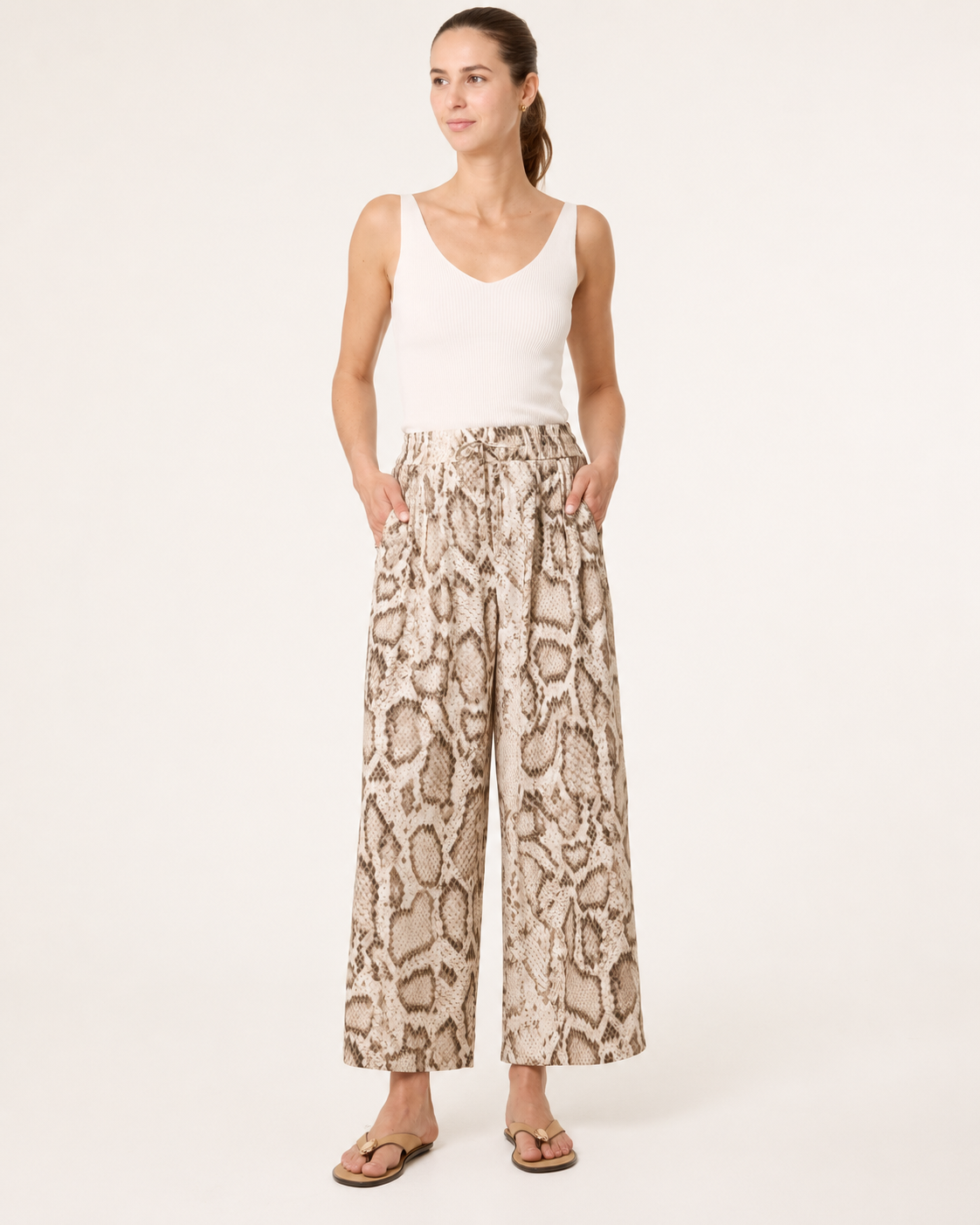 Snake Print Metallic Detail Wide Leg Trousers