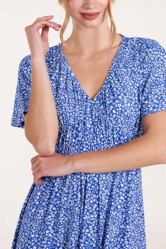 Ditsy Floral V-Neck Shirred Dress in Blue