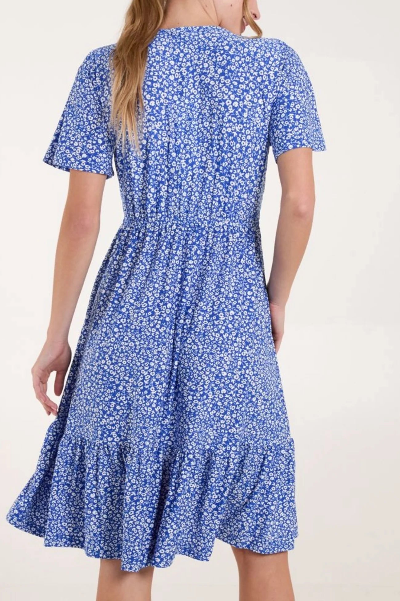 Ditsy Floral V-Neck Shirred Dress in Blue