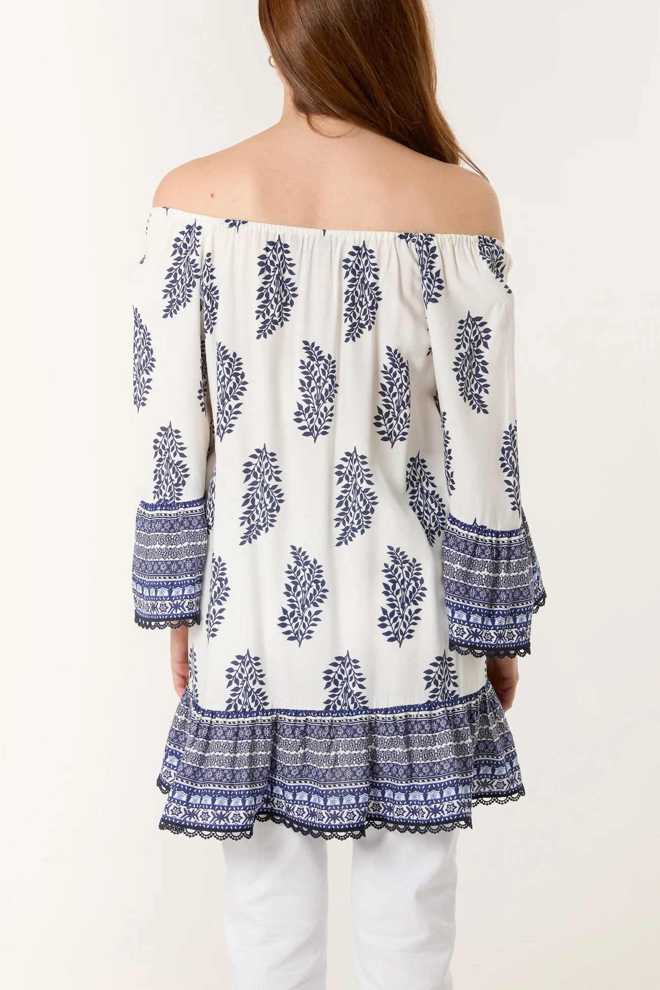 Printed Bardot Tassel Tunic Top