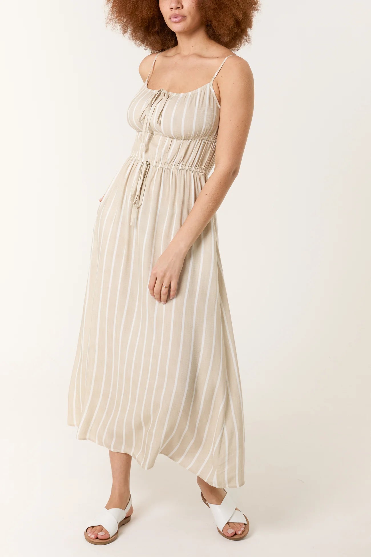Pinstripe Double Tie Beige Cami Dress