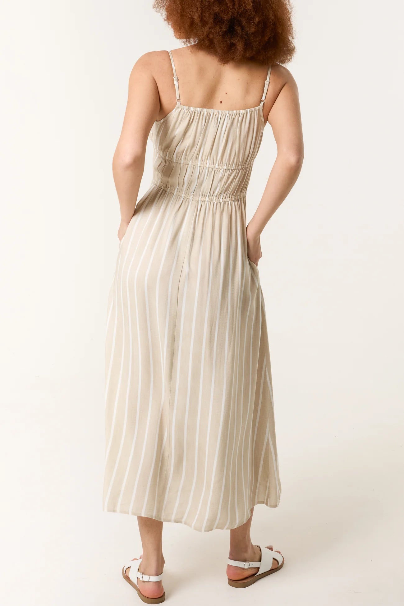 Pinstripe Double Tie Beige Cami Dress