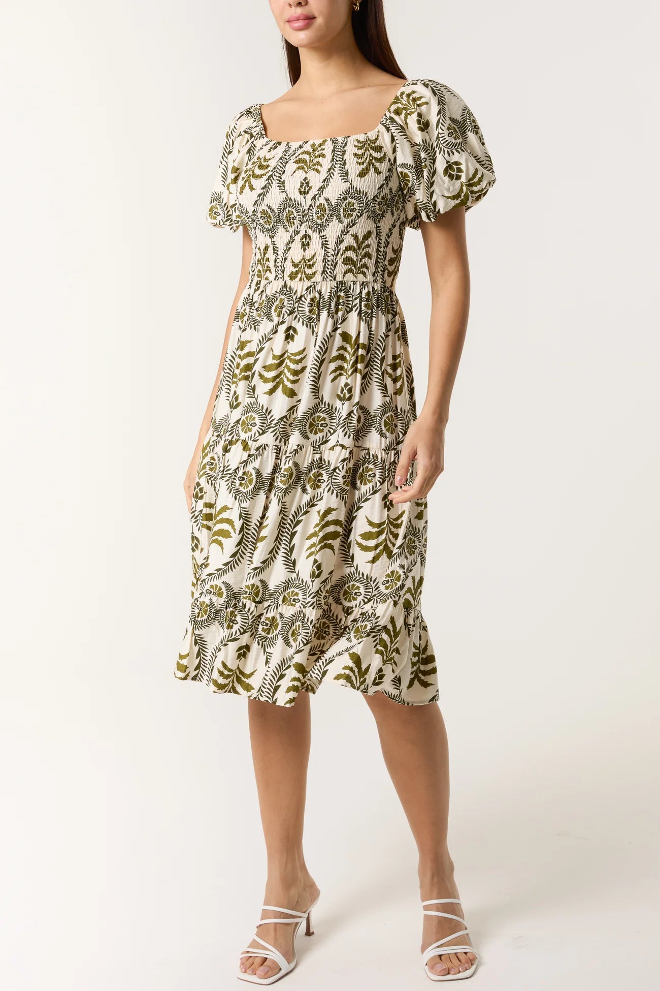 Damask Print Puff Sleeve Midi Dress in Khaki