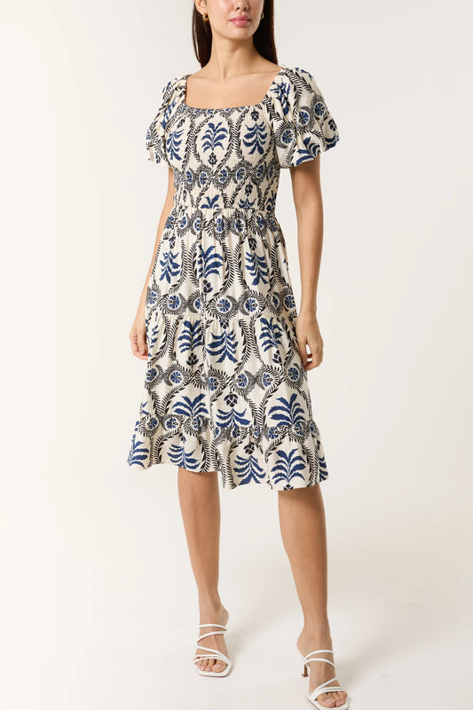 Damask Print Puff Sleeve Midi Dress in Blue