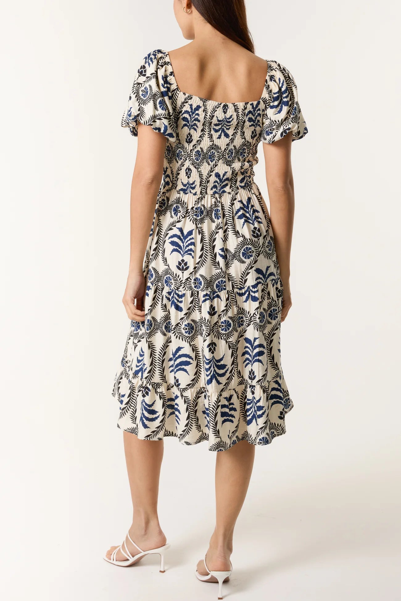 Damask Print Puff Sleeve Midi Dress in Blue