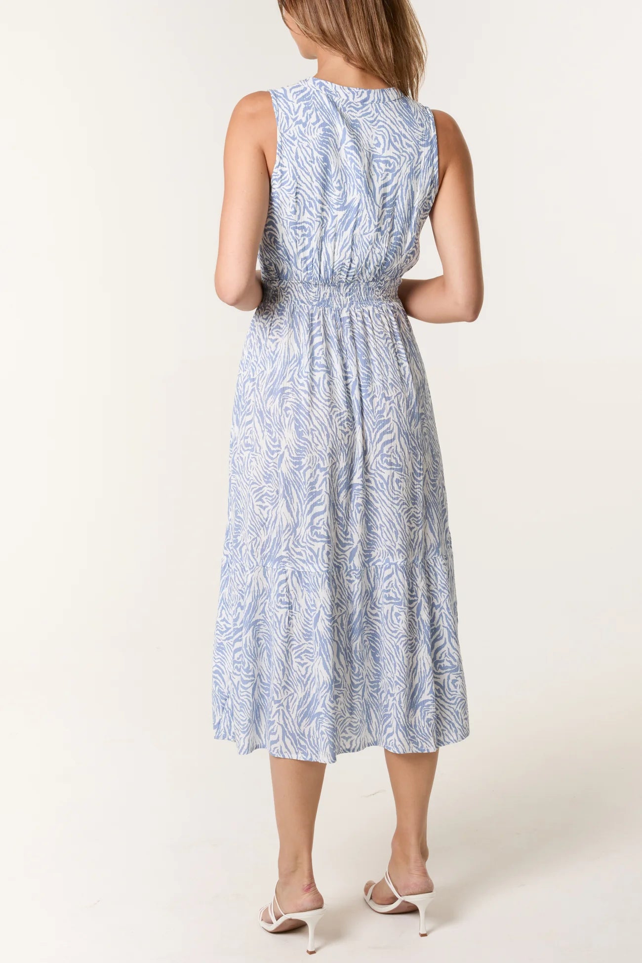 Tiger Stripe Tie Neck Shirred Waist Dress in Blue