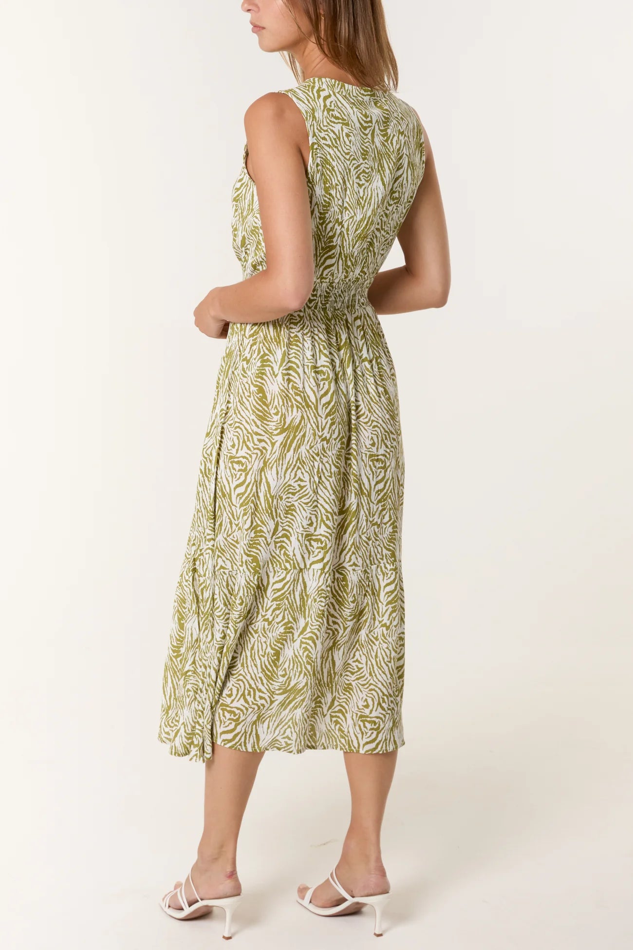 Tiger Stripe Tie Neck Shirred Waist Dress in Khaki
