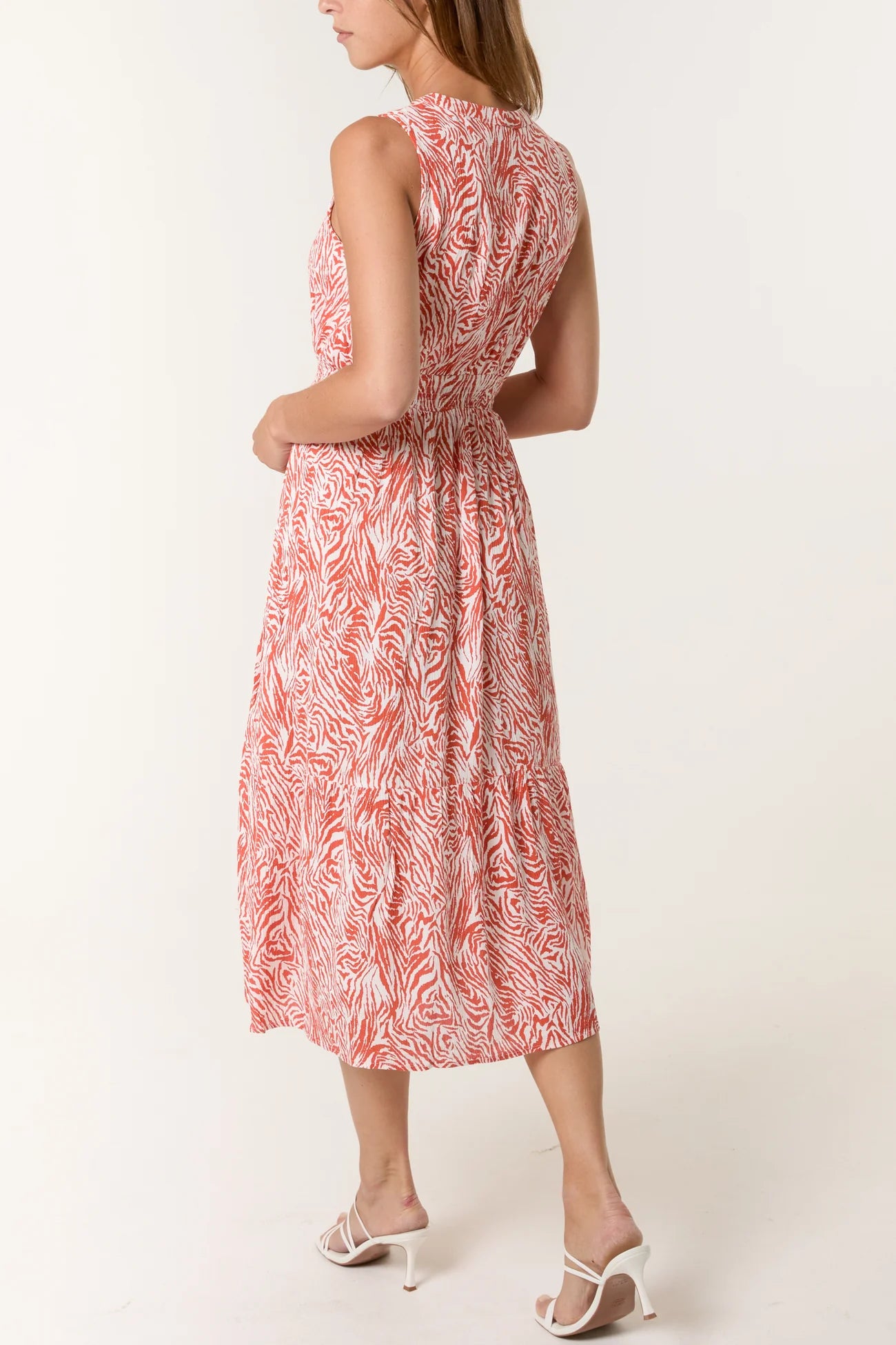 Tiger Stripe Tie Neck Shirred Waist Dress in Orange