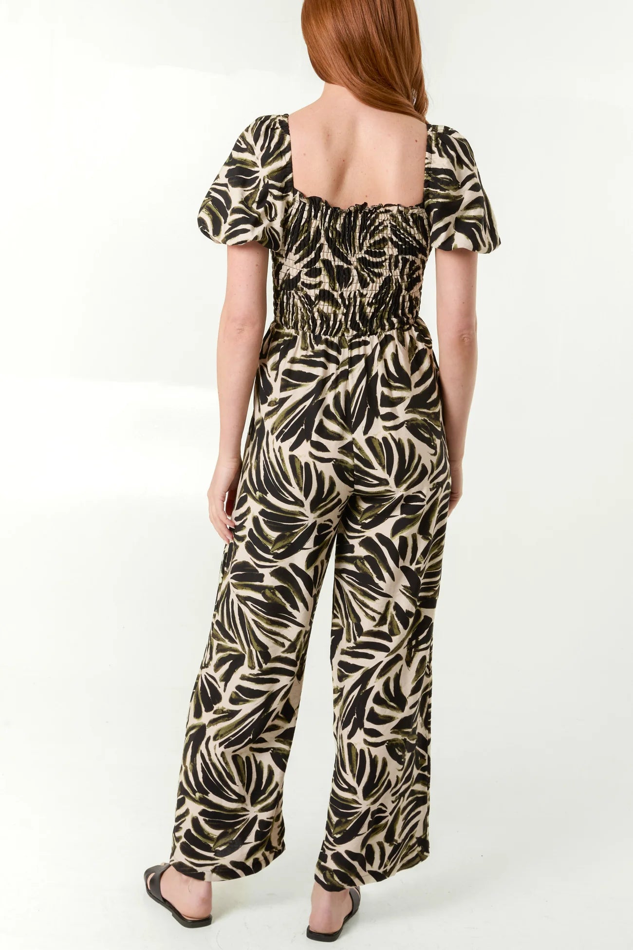 Leaf Print Puff Sleeve Jumpsuit