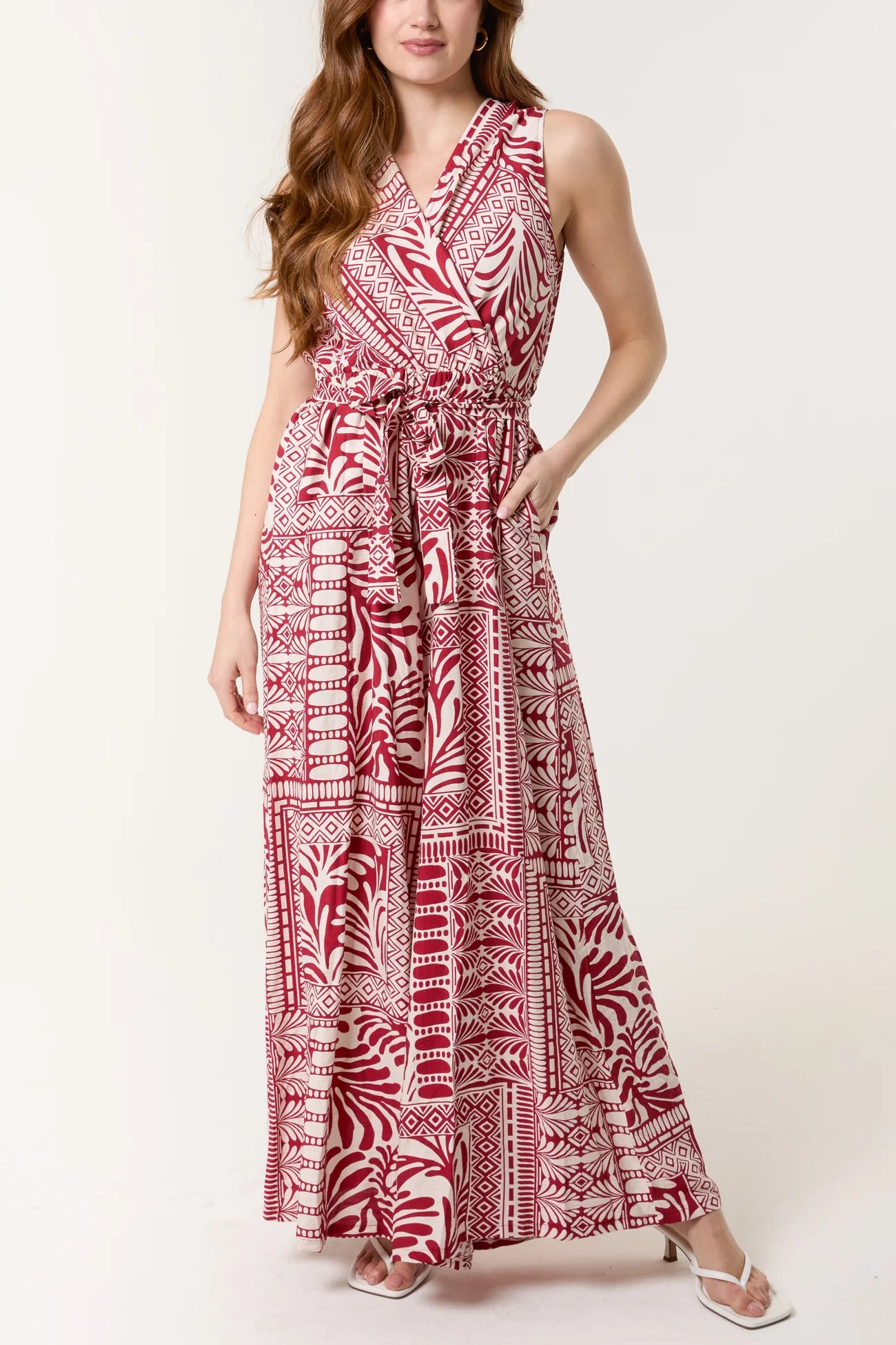 Mixed Print Wrap Front Jumpsuit in Red