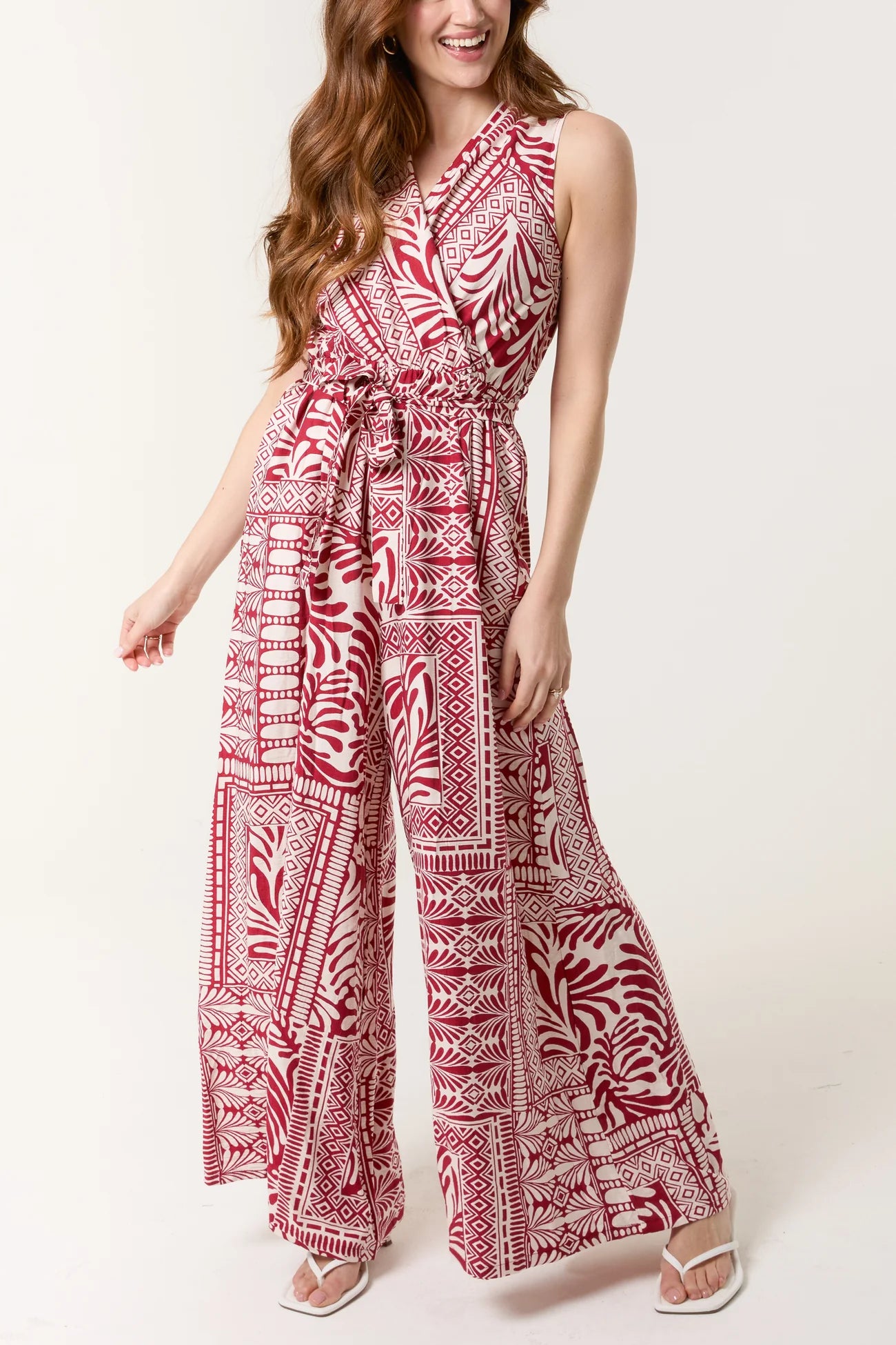 Mixed Print Wrap Front Jumpsuit in Red