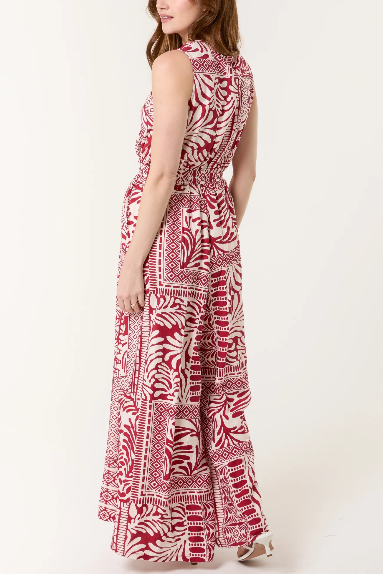Mixed Print Wrap Front Jumpsuit in Red