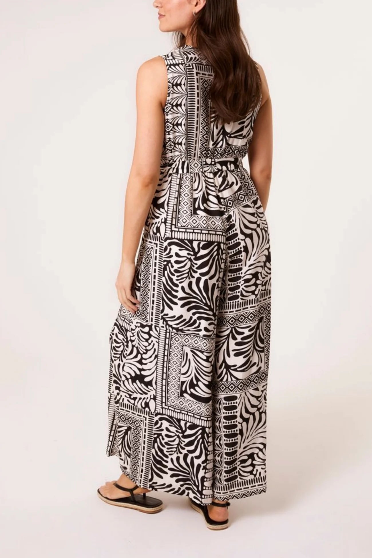 Mixed Print Wrap Front Jumpsuit in Black