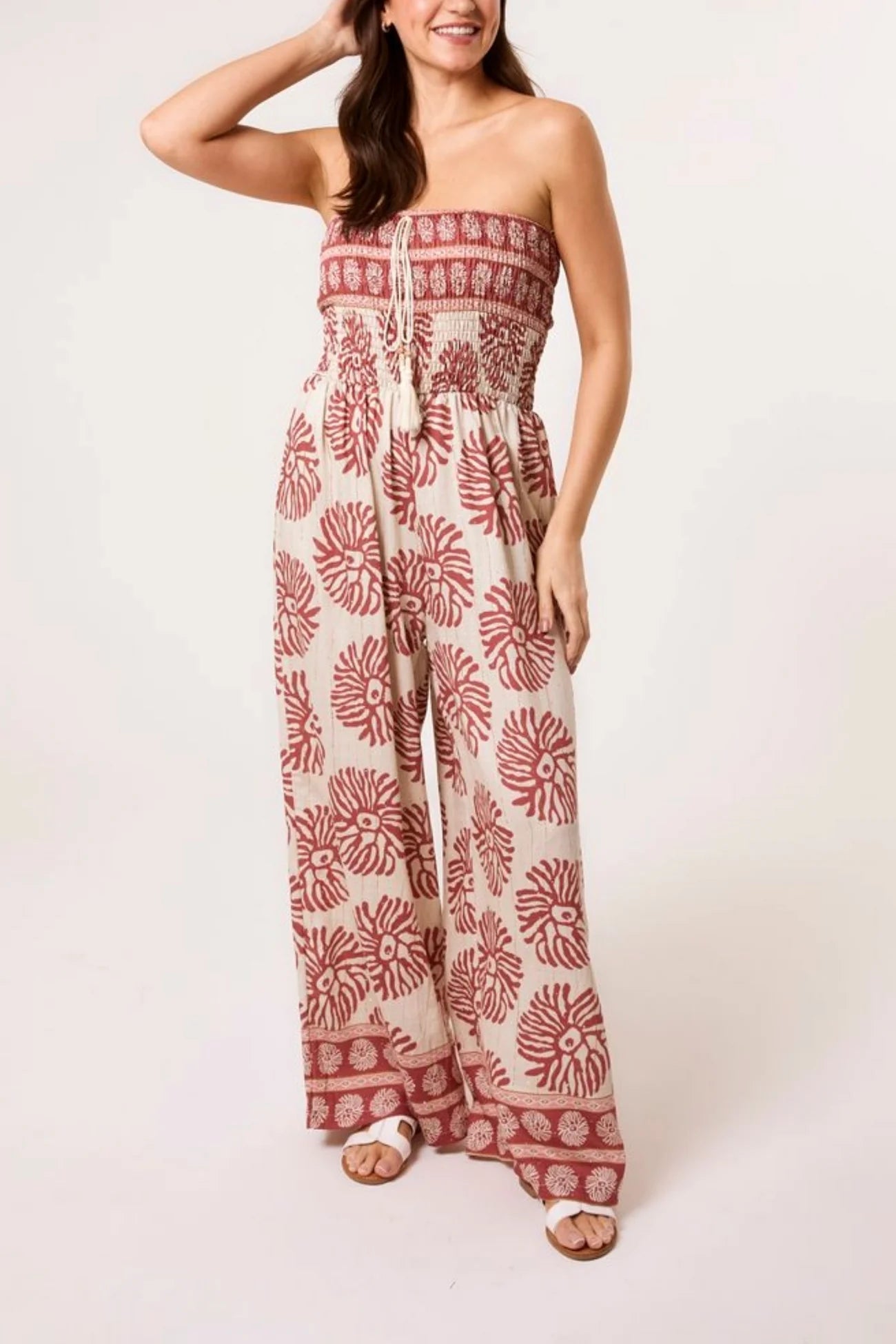 Printed Shirred Bandeau Jumpsuit in Coral
