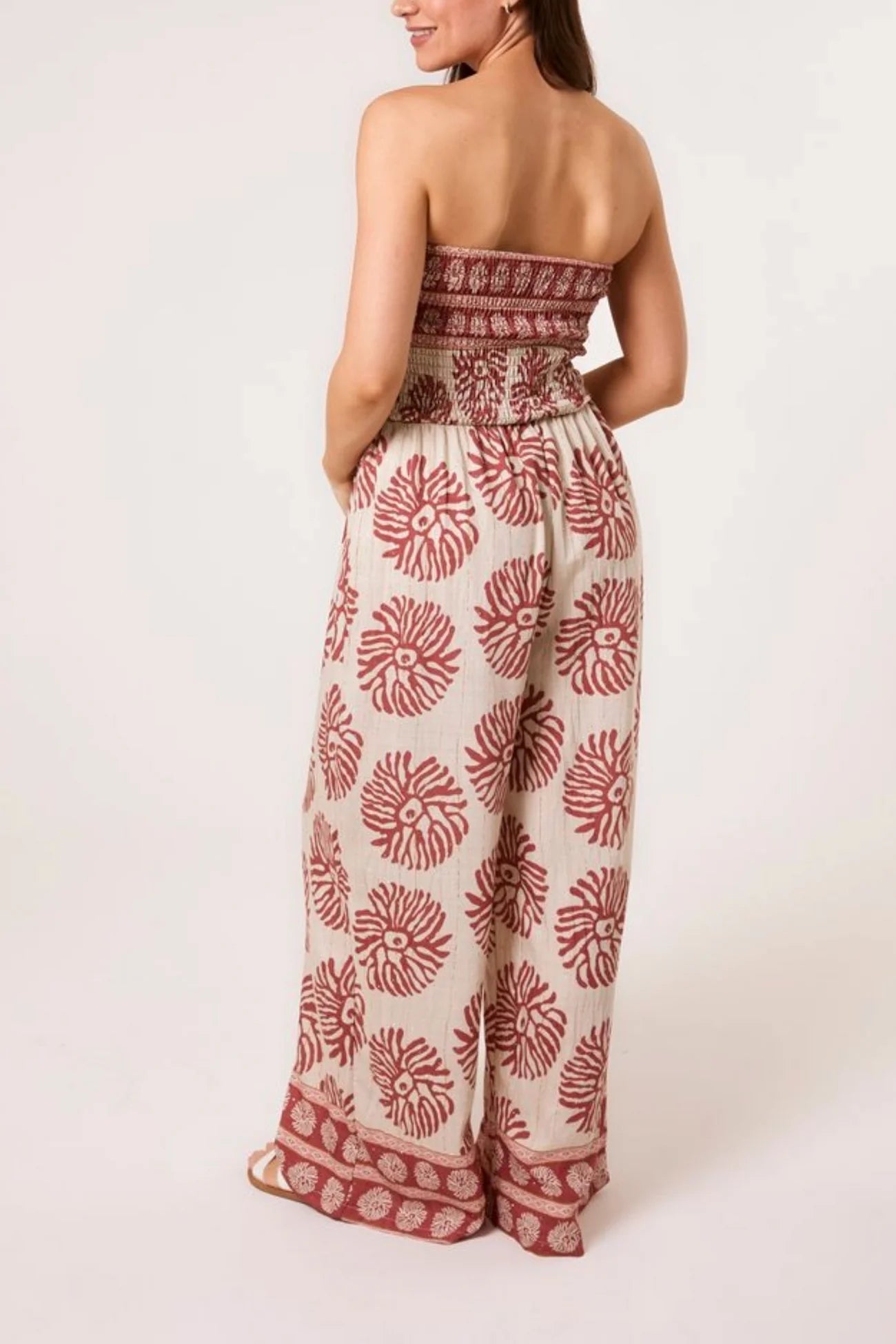 Printed Shirred Bandeau Jumpsuit in Coral
