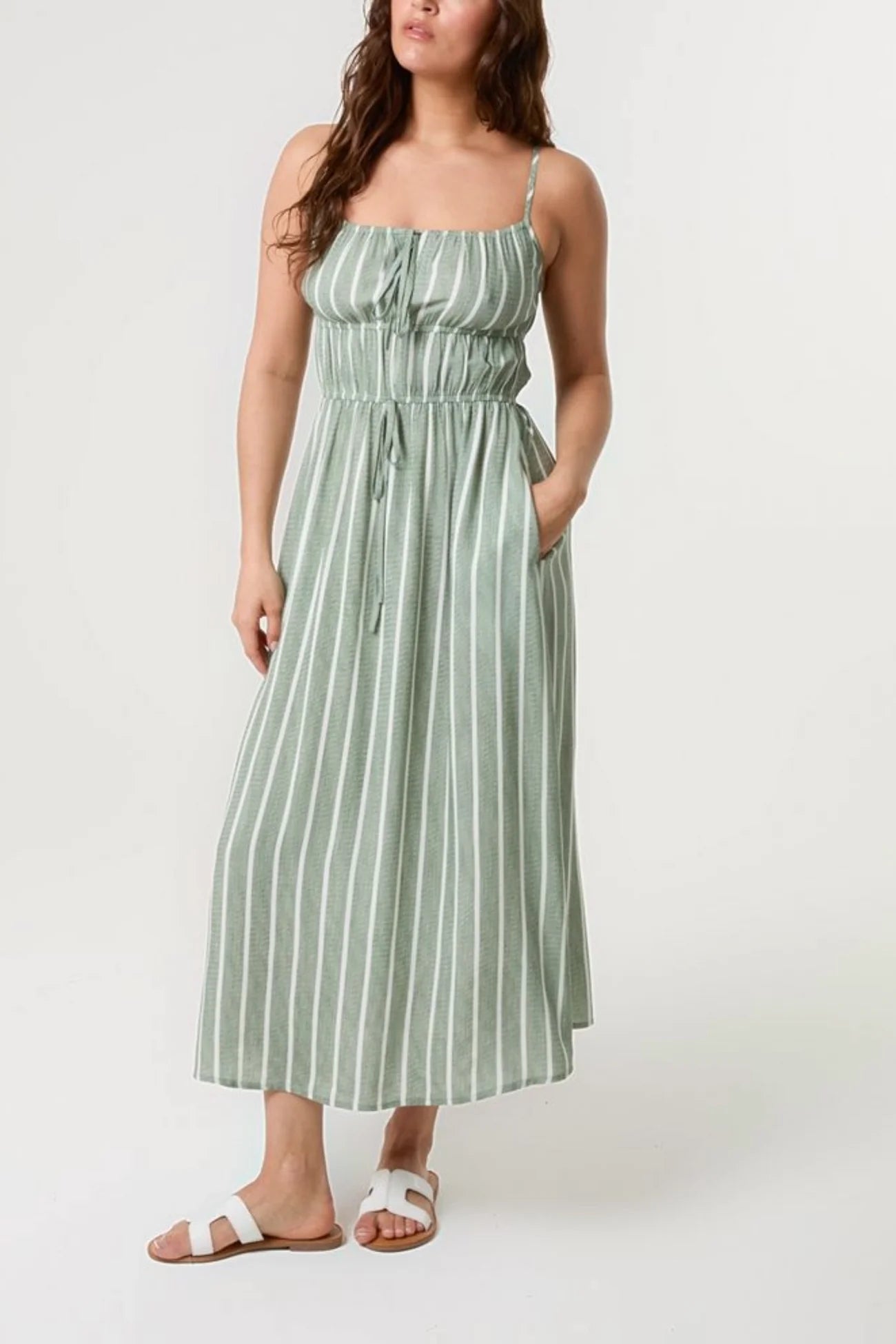 Pinstripe Double Tie Light Khaki Cami Dress