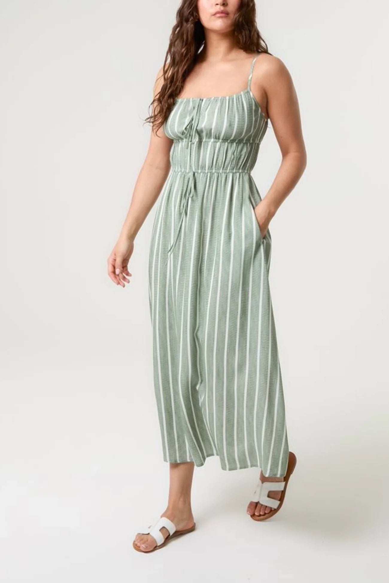 Pinstripe Double Tie Light Khaki Cami Dress