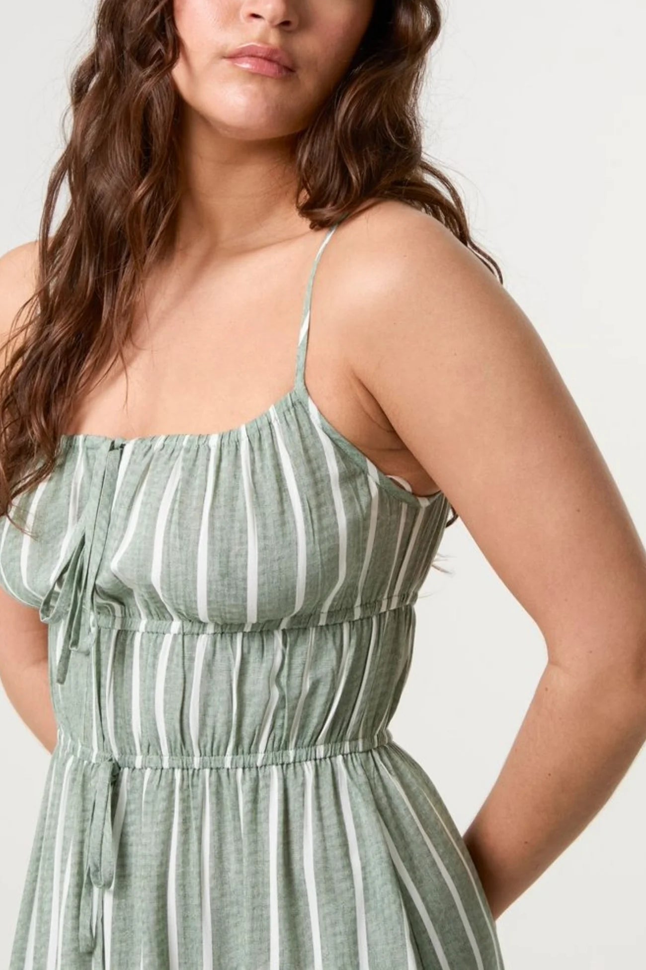 Pinstripe Double Tie Light Khaki Cami Dress