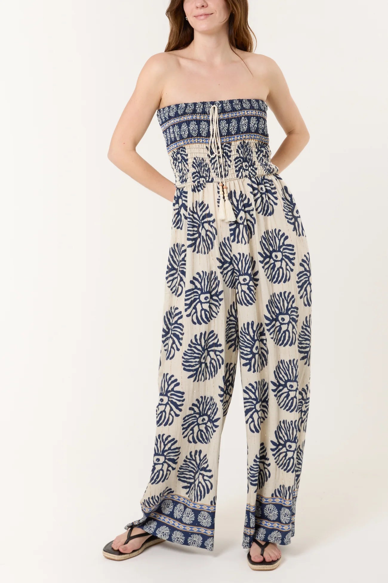 Printed Shirred Bandeau Jumpsuit in Blue