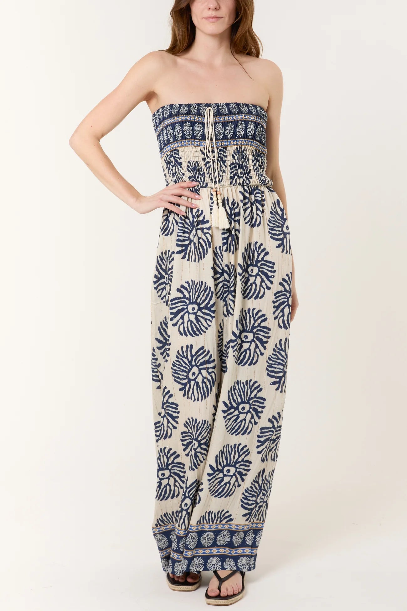 Printed Shirred Bandeau Jumpsuit in Blue