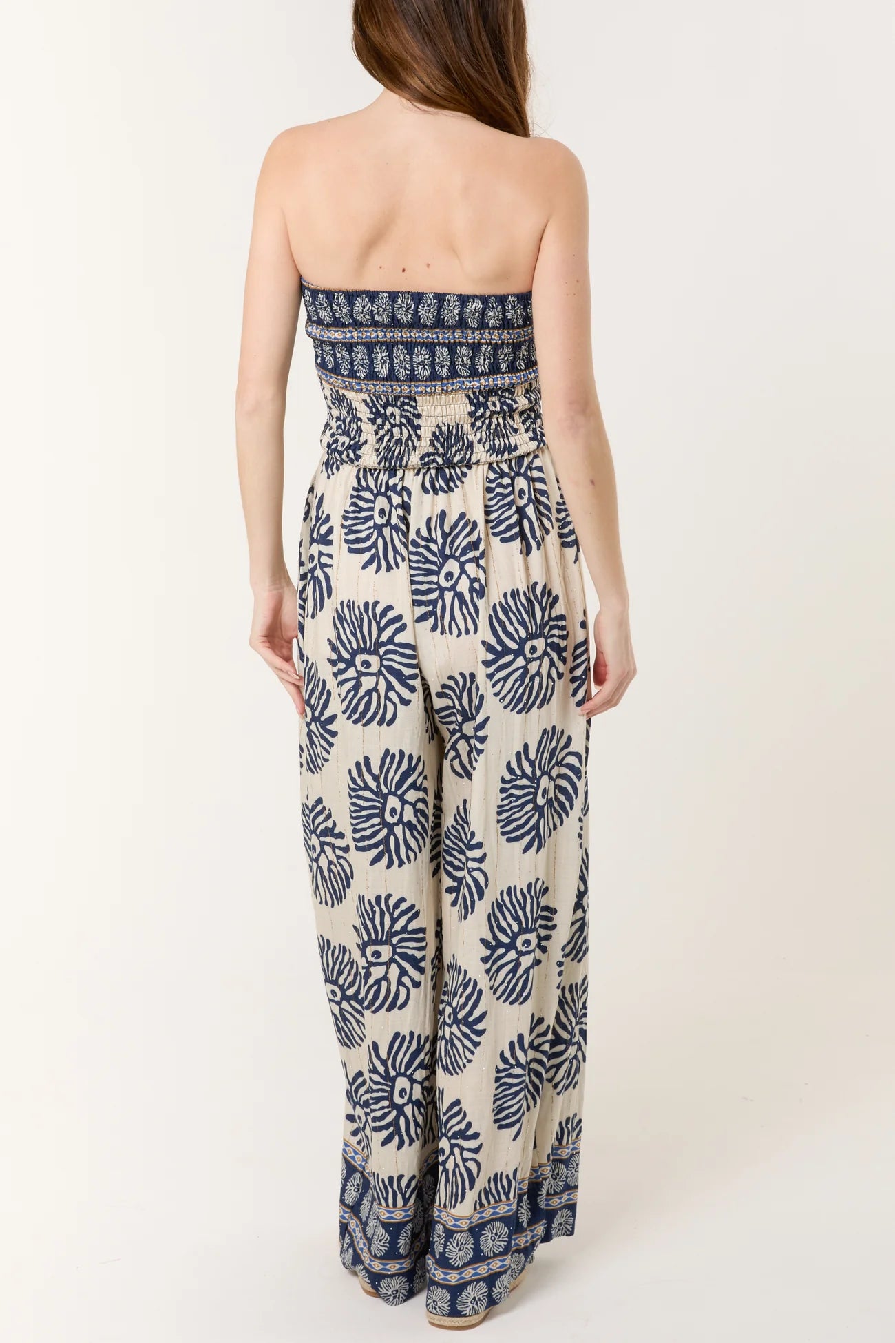 Printed Shirred Bandeau Jumpsuit in Blue