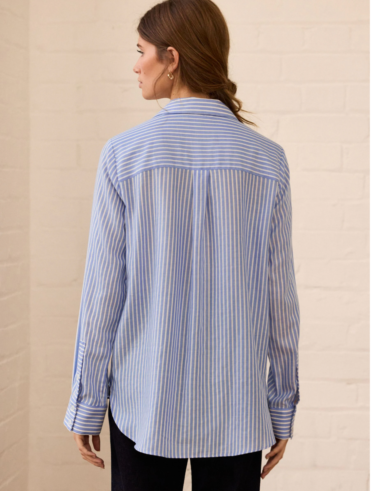 Next Blue Stripe Soft Relaxed Long Sleeve V Neck Shirt