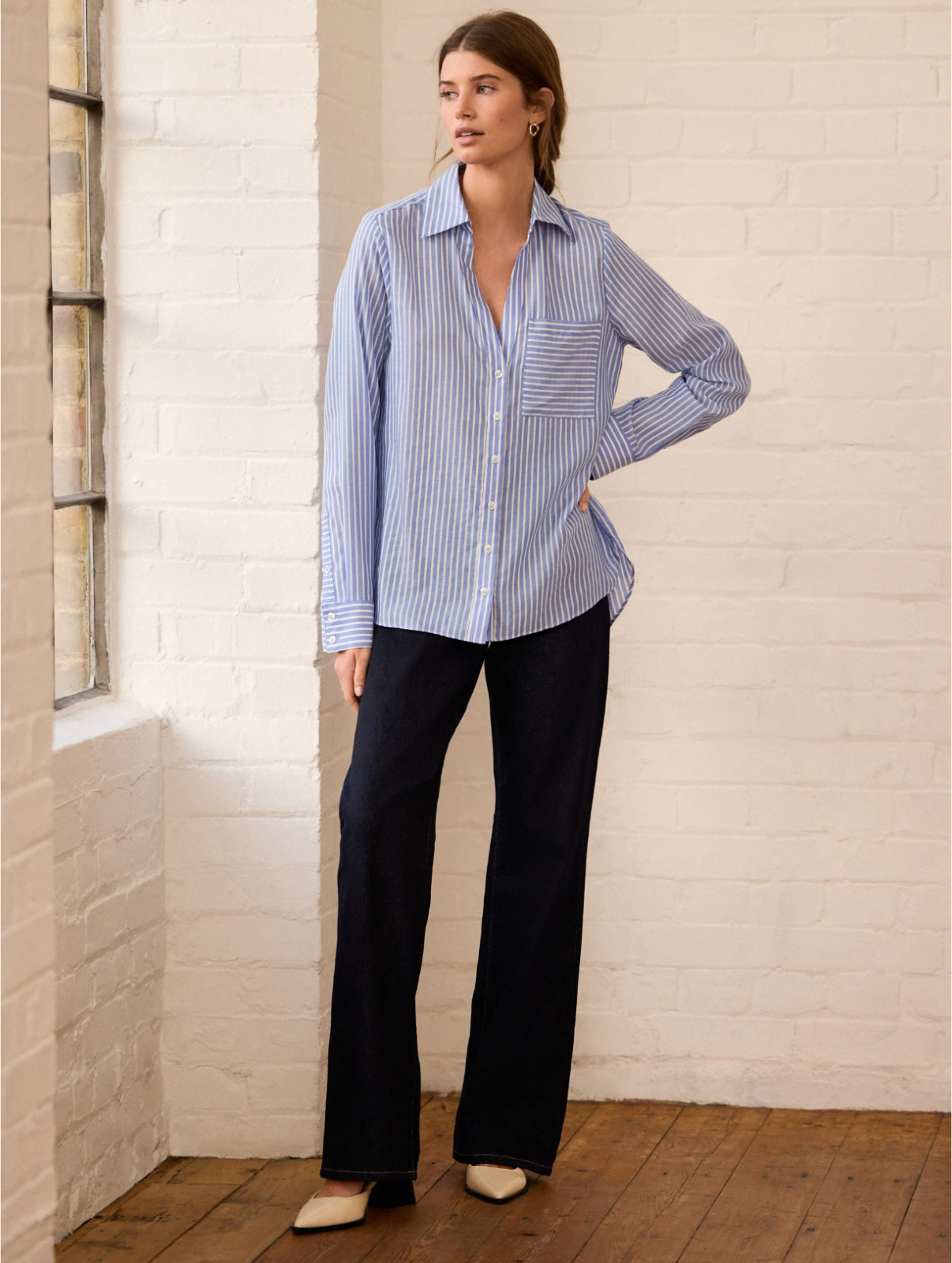 Next Blue Stripe Soft Relaxed Long Sleeve V Neck Shirt