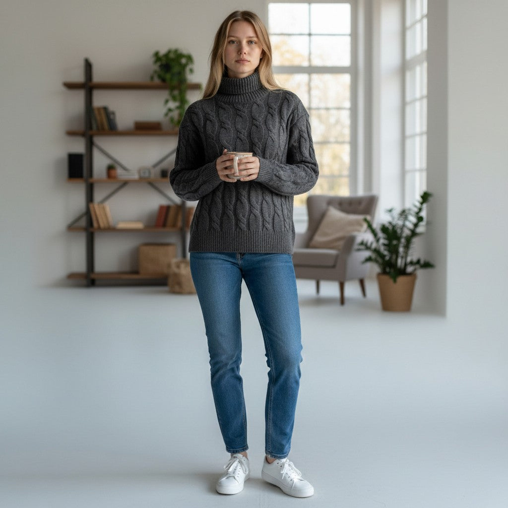 Ex M&S Chunky Grey Cable Roll Neck Jumper