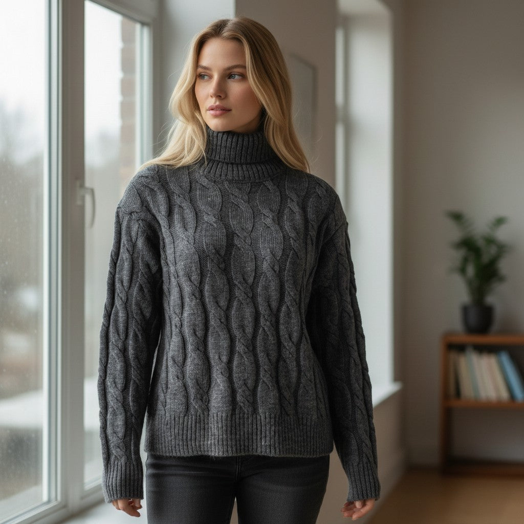 Ex M&S Chunky Grey Cable Roll Neck Jumper