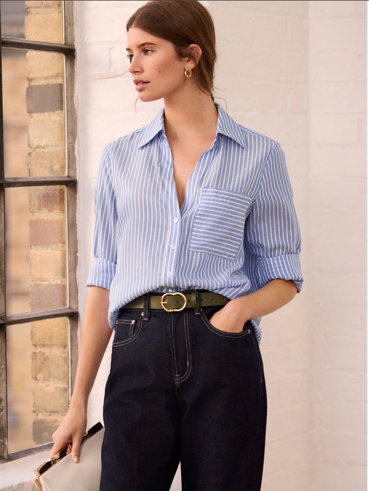 Next Blue Stripe Soft Relaxed Long Sleeve V Neck Shirt