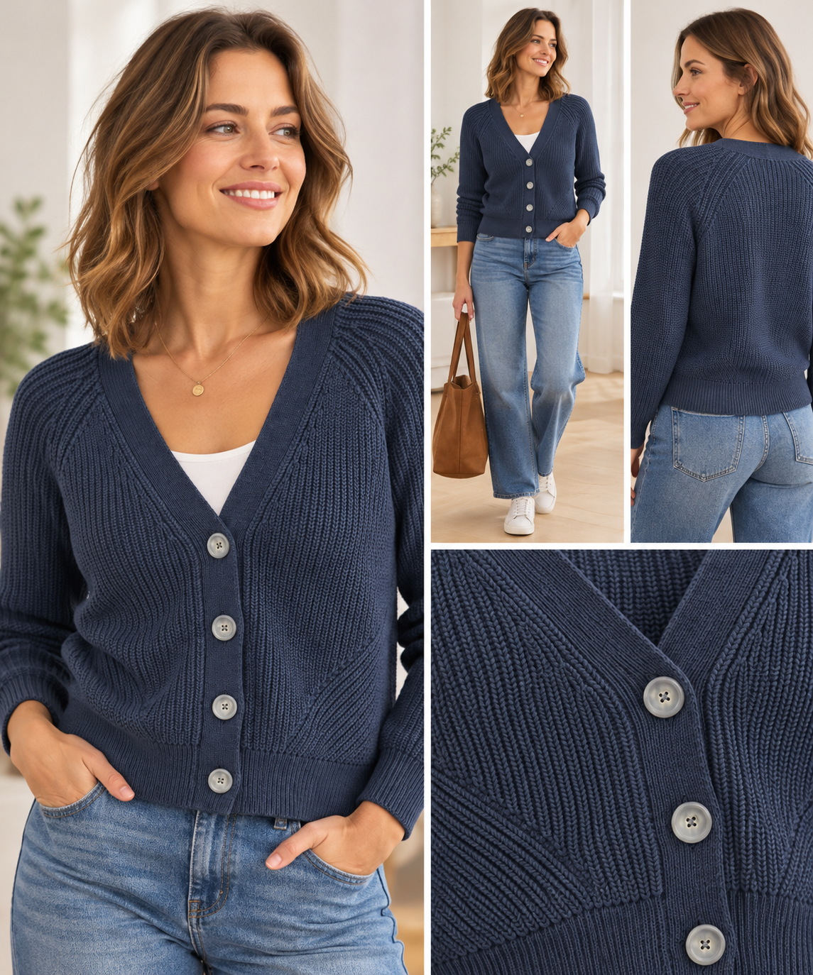 Ex M&S Women's Textured Knit V-Neck Button Cardigan – Navy
