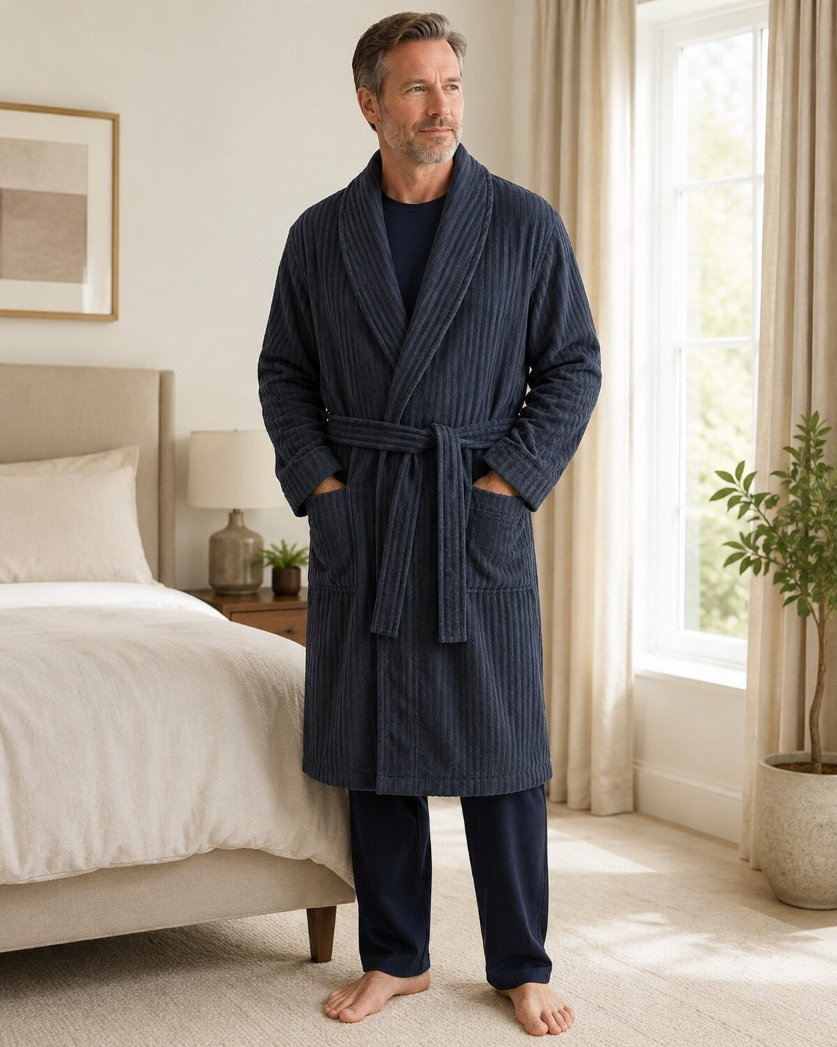 M&S Autograph Men’s Pure Cotton Textured Dressing Gown – Navy Mix – RRP £60