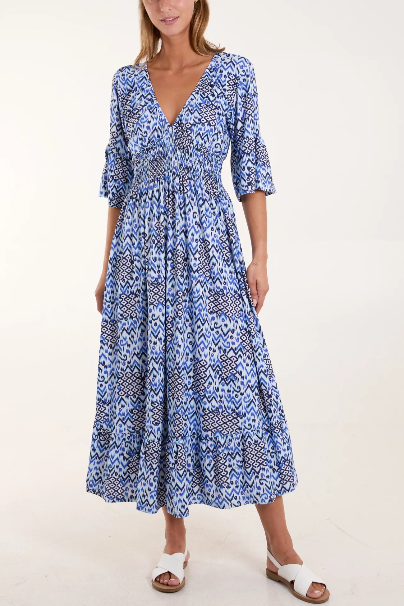 Aztec Print V-Neck Shirred Midi Dress in Blue