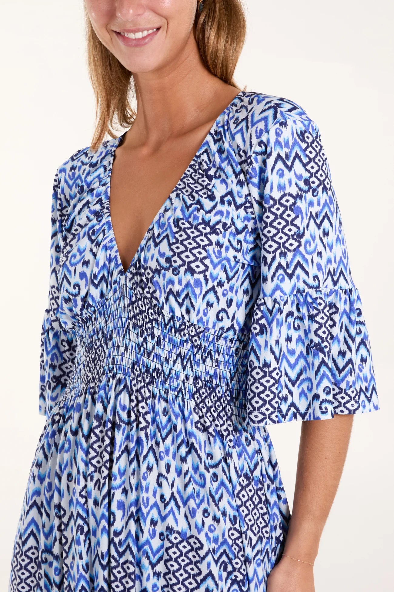 Aztec Print V-Neck Shirred Midi Dress in Blue