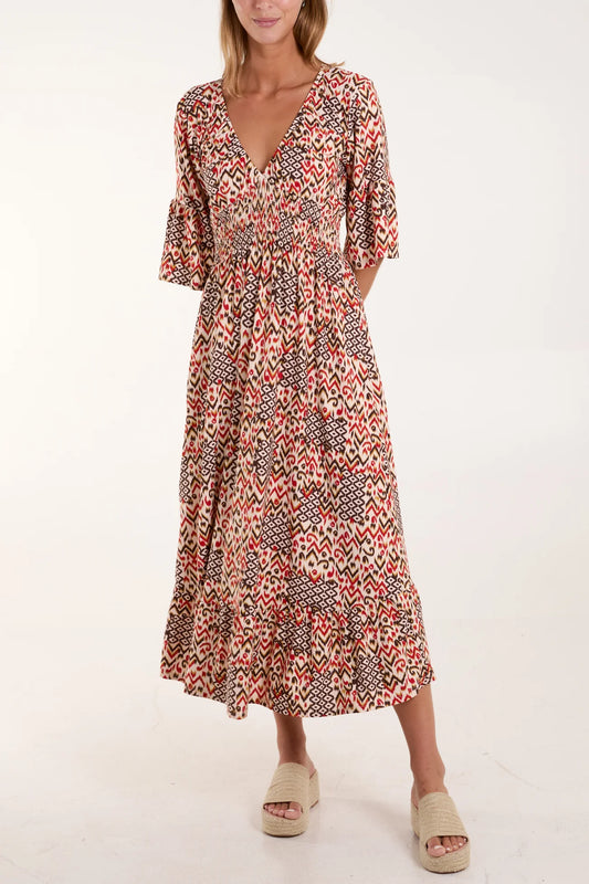 Aztec Print V-Neck Shirred Midi Dress in Red