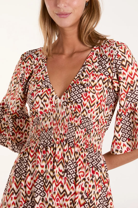 Aztec Print V-Neck Shirred Midi Dress in Red