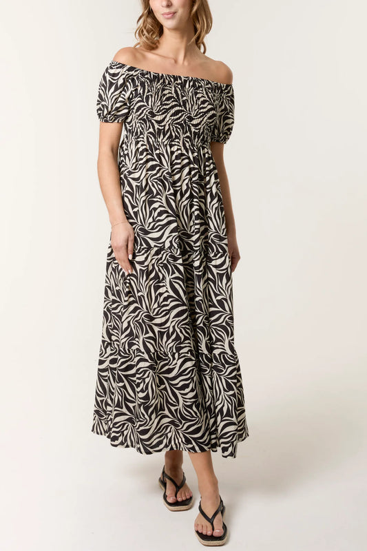 Leaf Print Bardot Shirred Dress in Black