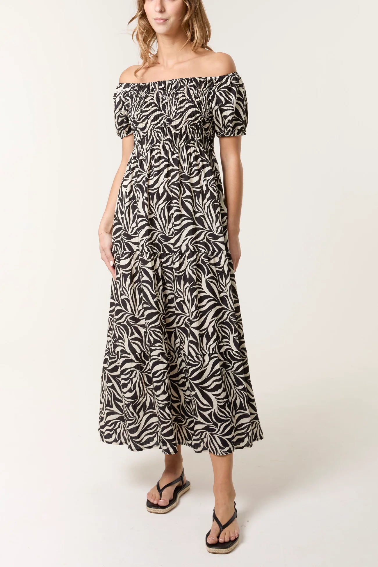 Leaf Print Bardot Shirred Dress in Black