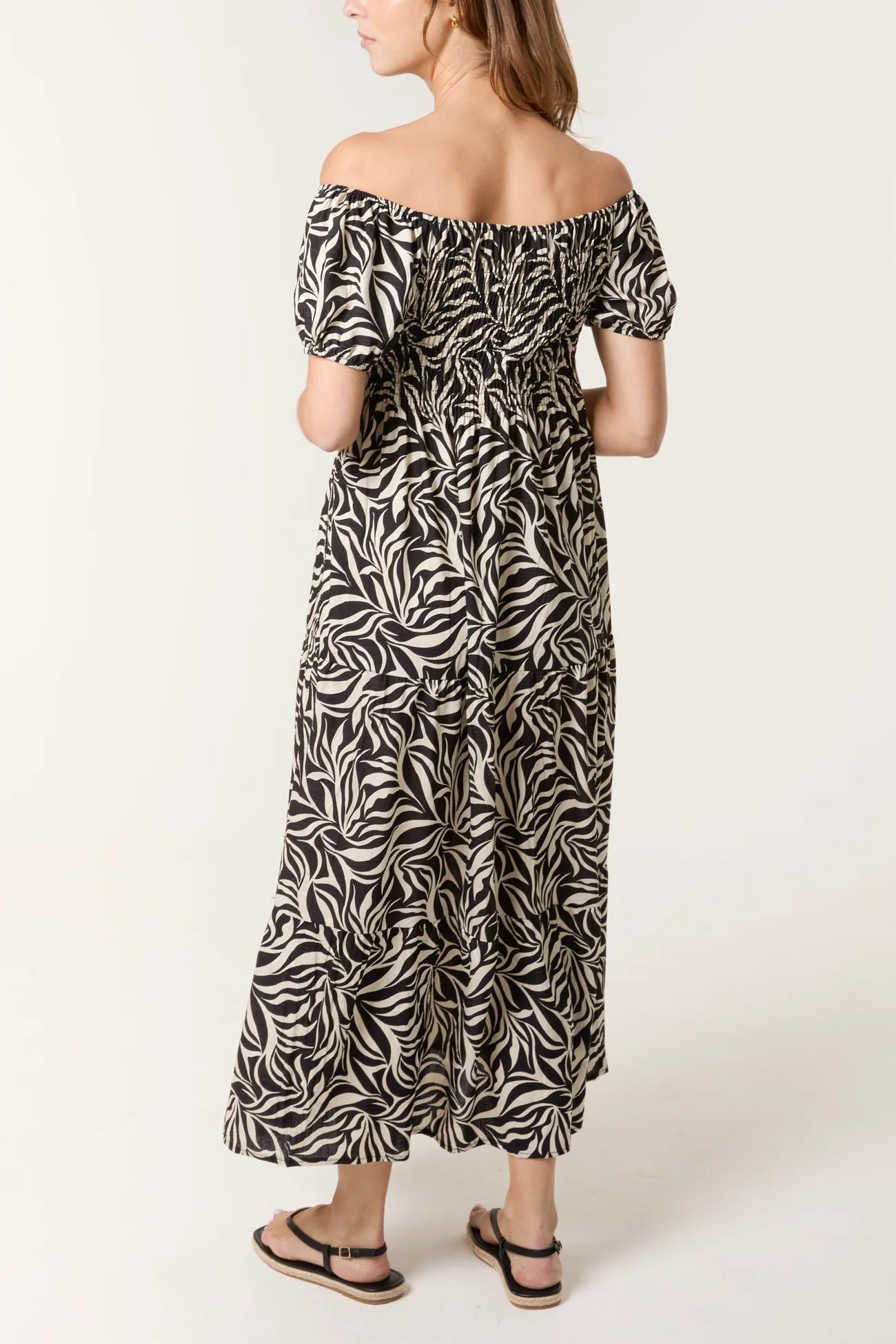 Leaf Print Bardot Shirred Dress in Black