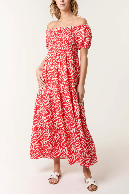 Leaf Print Bardot Shirred Dress in Red