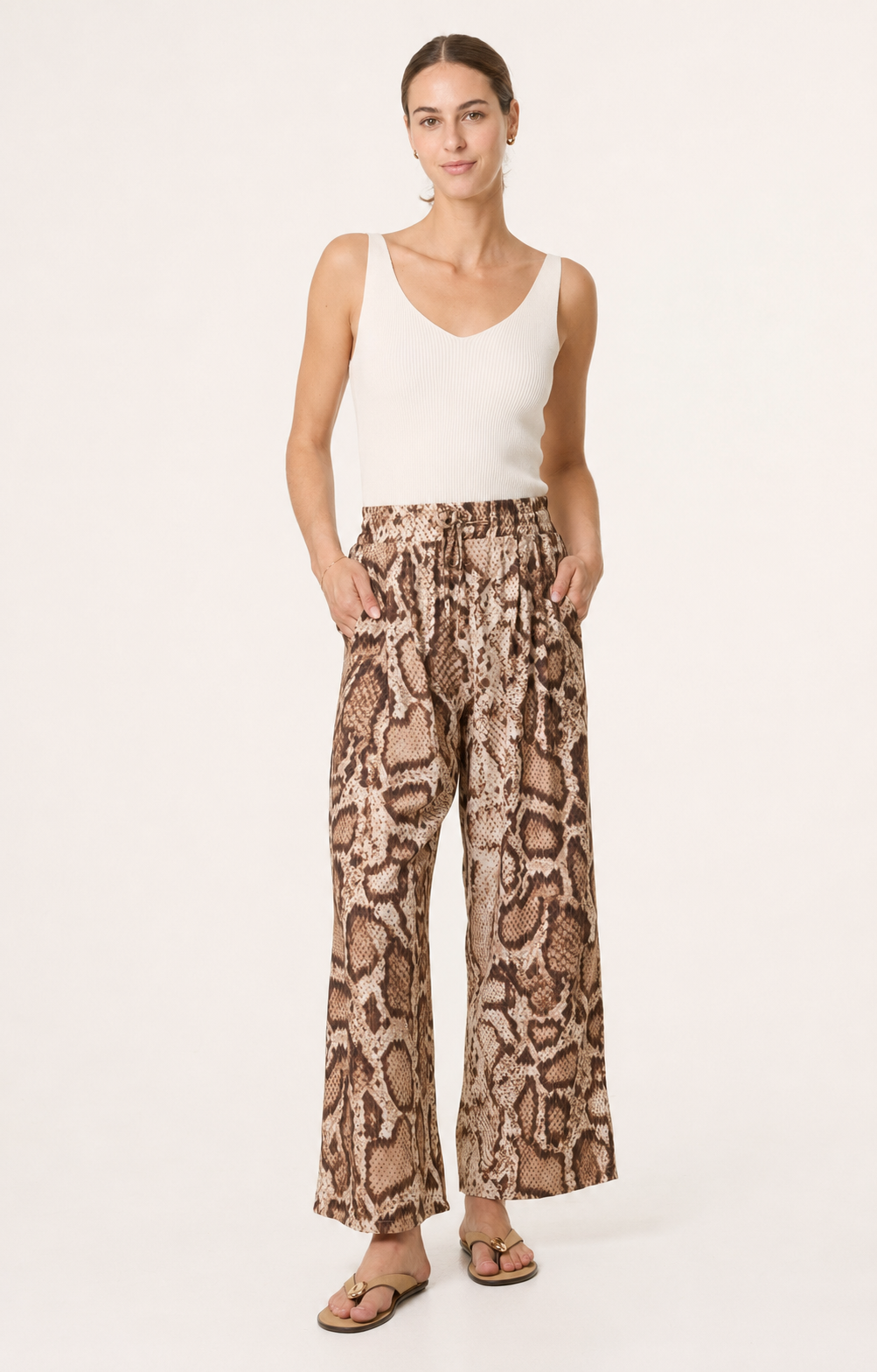 Snake Print Metallic Detail Wide Leg Trousers
