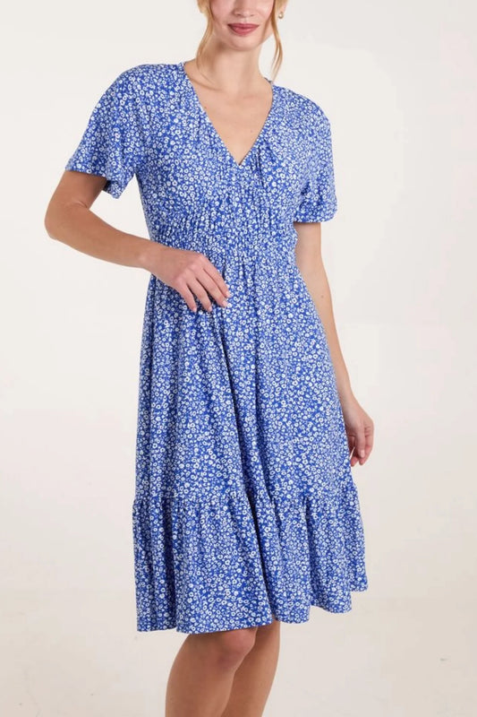 Ditsy Floral V-Neck Shirred Dress in Blue