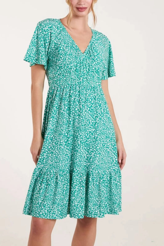 Ditsy Floral V-Neck Shirred Dress in Green