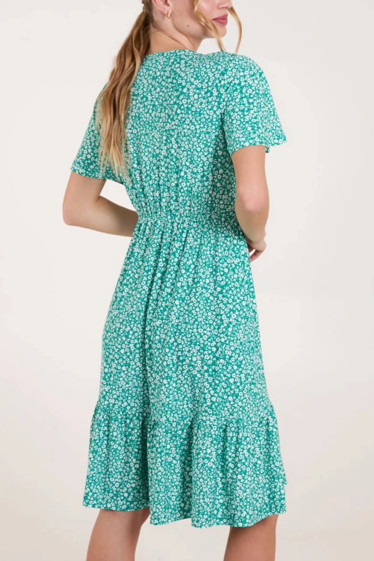 Ditsy Floral V-Neck Shirred Dress in Green